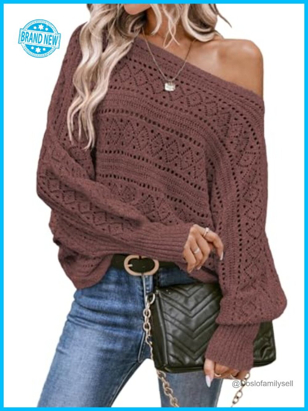 Crochet Boat Neck Long Batwing Sleeve Loose Knit Pullover Sweater